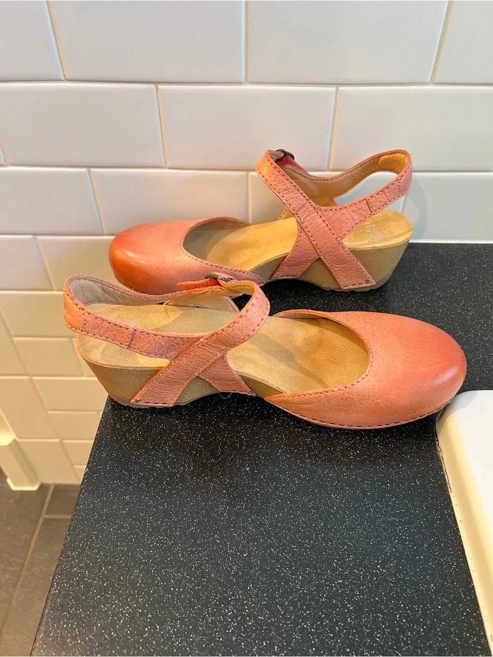 Dansko Women's Coral Pink Leather Mary Jane Wedge Sandals size 41